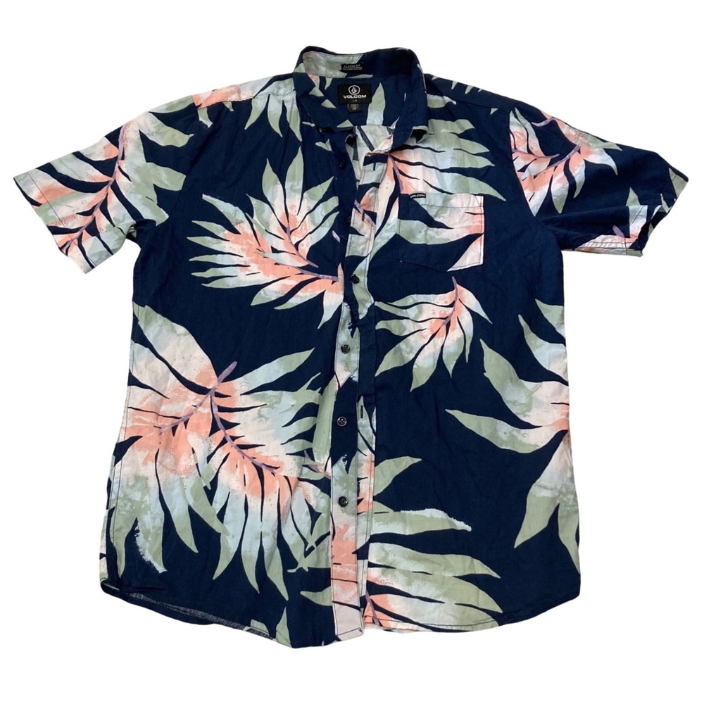Volcom Mens Large Classic Fit Tropical Palm Leaf Button Down Shirt Navy Blue